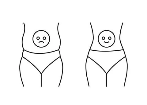 Body with problem intestine and normal health, line icon. Medical weight lo.. Stock Illustration