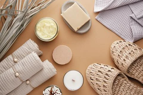 Body scrub, solid shampoo, handmade soap, bamboo cotton swabs, muslin towels and Stock Photos