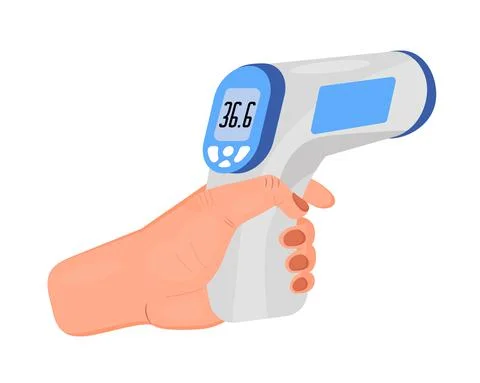 Body temperature check is required. Non-contact thermometer in hand. Illustrazione stock