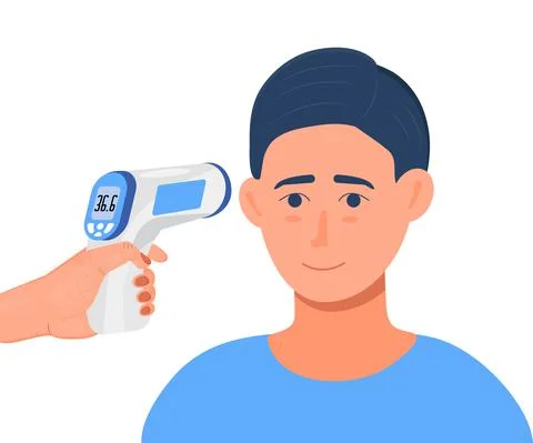 Body temperature check is required. Non-contact thermometer in hand. Stock Illustration