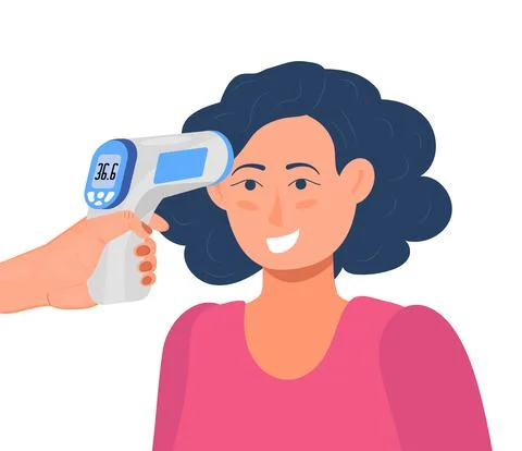 Body temperature check is required. Non-contact thermometer in hand. Stock Illustration