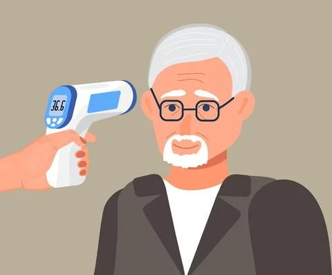 Body temperature check is required. Non-contact thermometer in hand. Stock Illustration