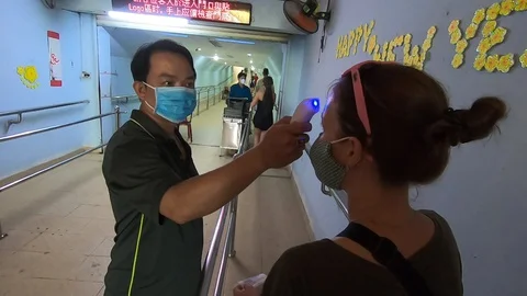 Body temperature checking in Asia. COVID-19 coronavirus prevention Stock-Footage 128167546