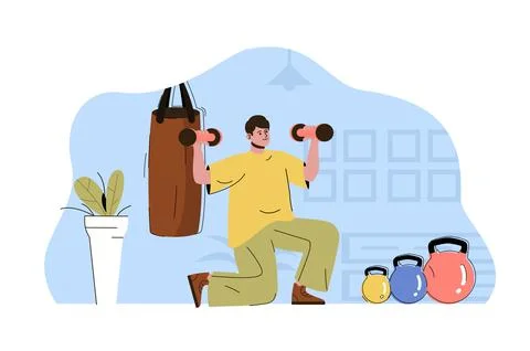 Body training concept. Man exercising with dumbbells, workout in gym situation Stock Illustration