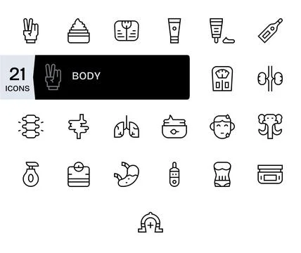 Body Vector Icon Library with 25 Regular Line 128x128 Pixel Aligned Designs Stock Illustration