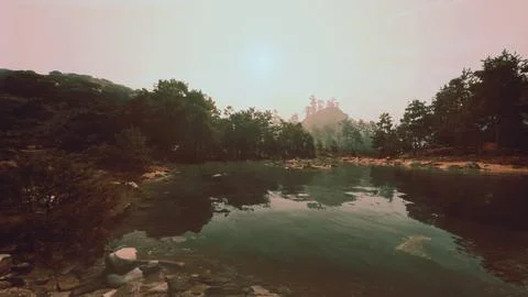 A body of water surrounded by trees and rocks Stock Illustration