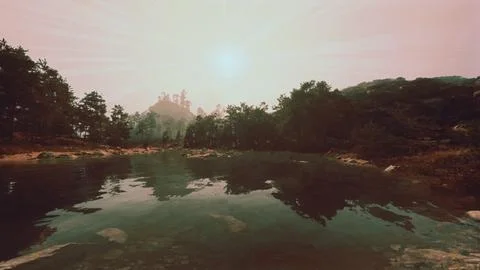A body of water surrounded by trees and rocks Stock Illustration