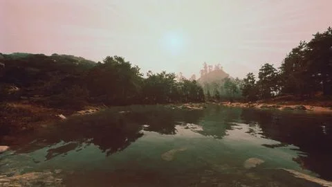 A body of water surrounded by trees and rocks Stock Illustration
