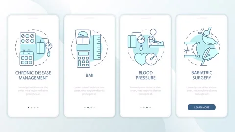 Body weight control practices animated onboarding mobile app screens Stock Footage 337777717