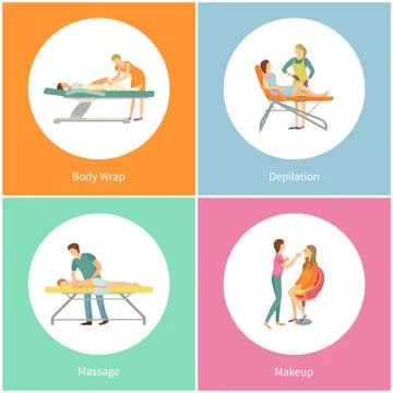 Body Wrap, Wax Depilation, Back Massage, Makeup Illustrazione stock