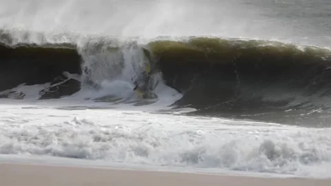 Bodyboarder Pulls inside of Eastern Long Island Shorebreak Stock Footage 284848279