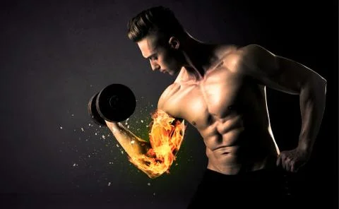 Bodybuilder athlete lifting weight with fire explode arm concept Stock Photos