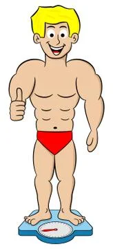 Bodybuilder on a bathroom scale with thumb up Stock Illustration