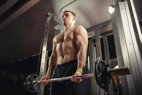 Bodybuilder with a beard is doing bicep curls with an EZ-barbell in a gym. A  Stock Photos