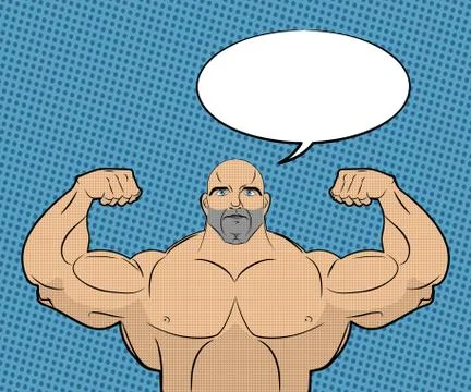 Bodybuilder with big muscles and bubble. People in style of pop art. Trained  Illustrazione stock
