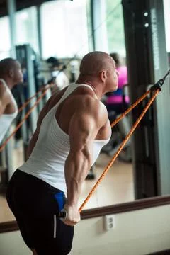 Bodybuilder does an exercise for triceps Stock Photos