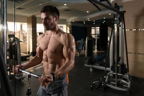 Bodybuilder Doing Heavy Weight Exercise For Biceps Stock Photos