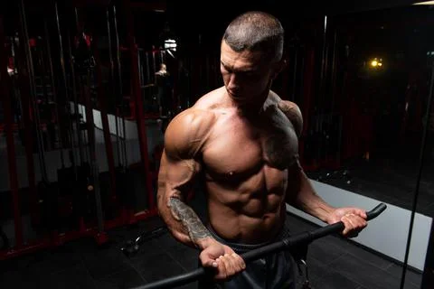 Bodybuilder Doing Heavy Weight Exercise For Biceps Stock Photos