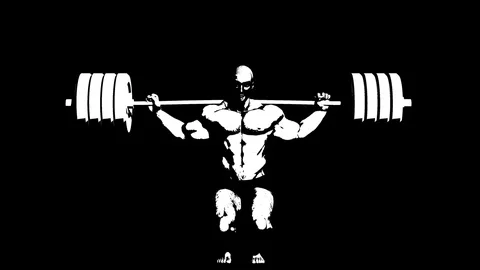Bodybuilder doing squats with a barbell. Art. Alpha channel. Alpha matte. 4K. Stock Footage 77300941