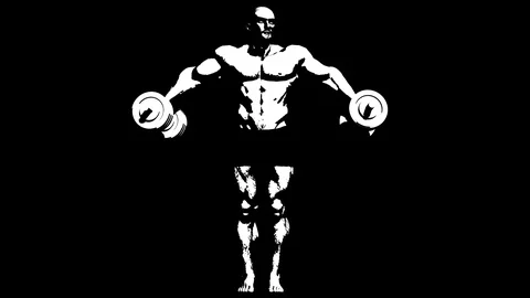 Bodybuilder with dumbbells. Alpha channel. Alpha matte. Full HD. Stock Footage 86436060