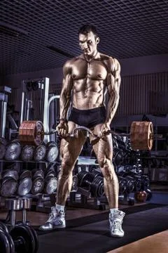 Bodybuilder execute exercise in gym Stock Photos
