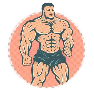 Bodybuilder on halftone background. 스톡 일러스트