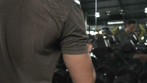 Bodybuilder holding dumbbells in hands, workout for arm muscles in fitness. Stock Footage 152366680