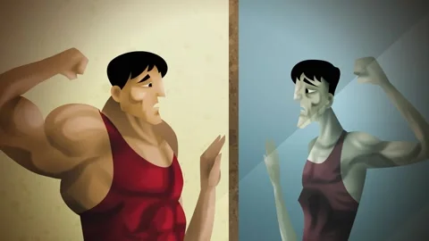 Bodybuilder with muscle dysmorphia seeing himself as thin in the mirror Stock Footage 342367414