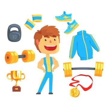 Bodybuilder, muscular man set for label design. Sports equipment for Stock Illustration