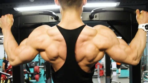 Bodybuilder shows the muscles of the back when tightening Stock Footage 113175880