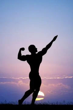 Bodybuilder silhouette at sunset Stock Illustration