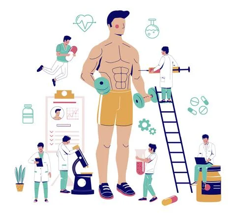 Bodybuilder using anabolic steroids for competition, flat vector illustration. Stock Illustration