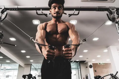 Bodybuilder Is Working On His Chest With Cable Crossover In Gym. Scream for 库存照片