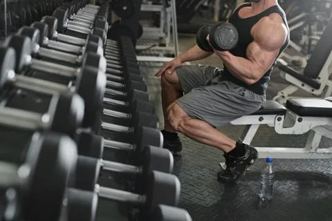 Bodybuilder working out with bumbbells weights at the gym Stock Photos