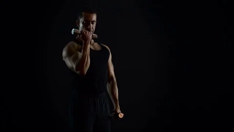 Bodybuilder Working Out, Dumbbel Curl, 4K Video Stock Footage 73051715