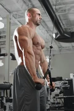 Bodybuilder working out at the gym while using fitness machine Stock Photos