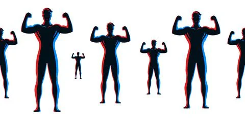 Bodybuilders standing and posing with arms up. Strong, athletic men horizontal Stock Illustration