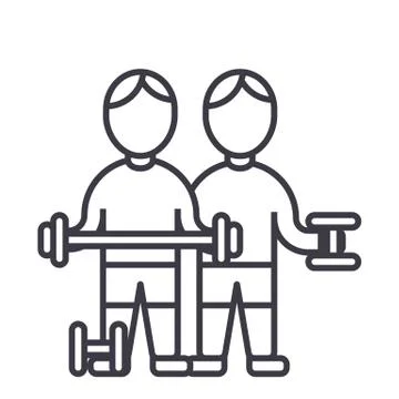 Bodybuilders,fintess gym,strong practice,weights,workout vector line icon, sign Illustrazione stock