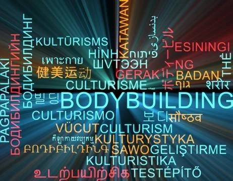 Bodybuilding multilanguage wordcloud background concept glowing Stock Illustration