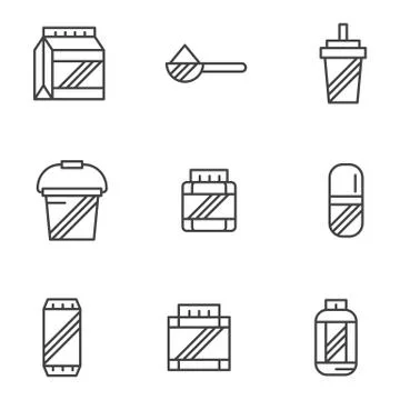 Bodybuilding supplements black line vector icons Illustrazione stock