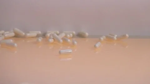 Bodybuilding supplements capsules falling in slow motion Stockbeeldmateriaal 88742649