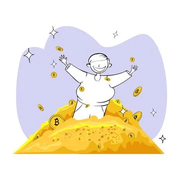 Bodypositive guy bathes in bitcoin cryptocoins jumping out of a pile of coins Stock Illustration