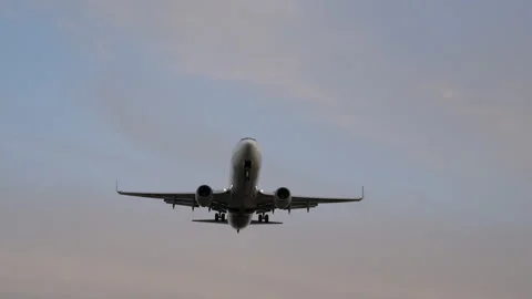Boeing 737 Passenger Airplane Flying Low Overhead for Landing, Sunset, Dusk Stock Footage 237294571