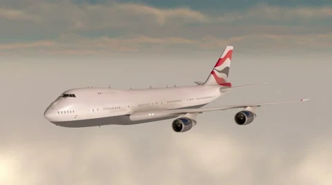 Boeing 747  flying in the clouds. Wonderfull sunset. Realistic 3d CG animation. Stock Footage 57660912