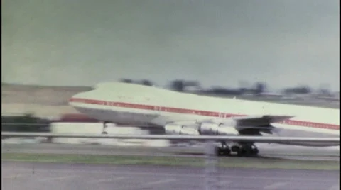 Boeing 747 Jet Plane Airliner Takeoff Vintage Film Retro Film Home Movie 8mm Stock Footage