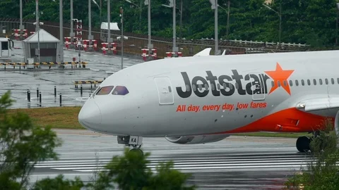 Boeing 787-8 Dreamliner accelerates for take-off Stock Footage 93344491
