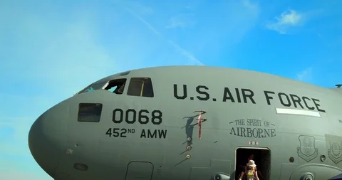 Boeing Air Force McDonnell Douglas C-17A Globemaster military transport aircraft Video stock 104876147