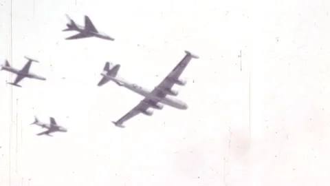 Boeing B-29 Superfortress U.S. Air Force bomber in flight with Cold War fighters Stock Footage 169085309