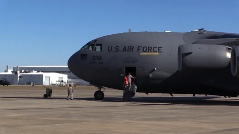 Boeing C-17 Globemaster III halt on runway - 2016 Stock Footage 89214528