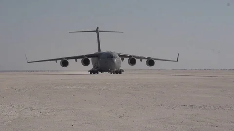 Boeing C-17 lands on White Sands Missile Range during a joint exercise - 2016 Stock Footage 93131025